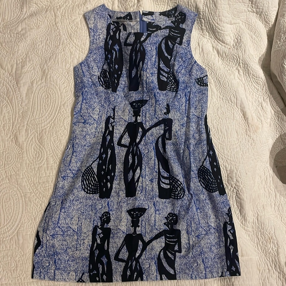 Homemade blue black cotton African fabric sleeveless sheath dress medium